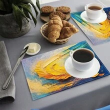 1/4/6/8/12 Pcs Linen Dining Table Placemats, Colorful Feather Oil Painting 3D Print Washable Table Mats, Surface Protective Pads, Indoor Outdoor Dining Table Mats, Suitable For Holiday Parties, Kitchen