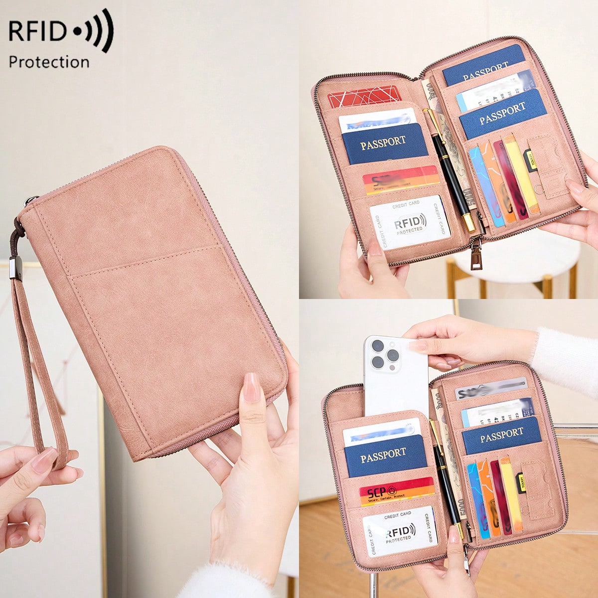 Nueva cartera con cremallera y bloqueo RFID, portapassaporte, bolsa para documentos, cartera multifuncional para pasaporte de gran capacidad, bolsa de