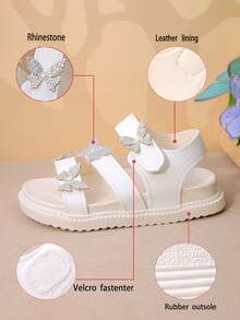1 Pair Girls Rhinestone Butterfly Decor Leather Soft Anti-Slip Open-Toe Hook And Loop Flat Sandals, Sweet Princess Style, For Party/Daily Outfits - White - View 2