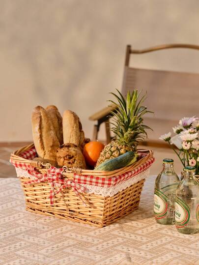 Cirelle Square Rattan Picnic Basket, Oval Rattan Picnic Basket, Fruit Basket, Hand-Woven Rattan Hand Basket, Used For Picnic, Shopping, Storage, Gifts, Fruits And Vegetables, Etc., Convenient Storage, Simple Portable For Vocation,Cozy Home, Rama Family Style, Picnic Eseentials, Family Outing Use, Camping Supplies, Family Dining