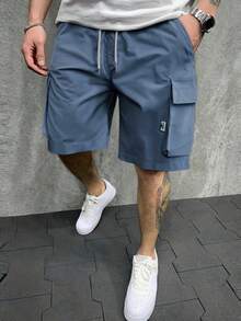 男士夏季纯色短裤，多口袋弹力抽绳工装裤，休闲裤，适合徒步旅行和户外运动 - 藍色 - 查看 8