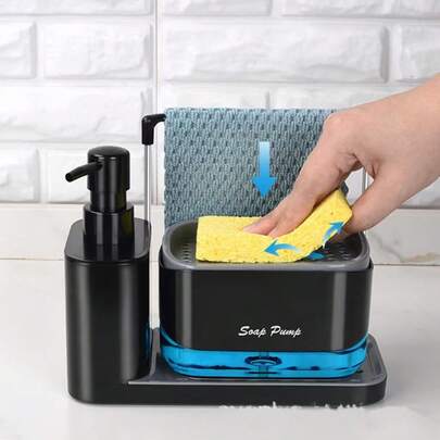 1件套手工皂液器套装，含托盘、双层皂液器、海绵架和洗碗架，五合一收纳架，适用于厨房水槽台面收纳 - 实用厨房小工具、厨房用品、厨房配件、厨房工具