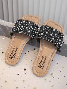 Summer New Fashion Rhinestone Beaded Girls' Soft Bottom Square Toe Slippers - Black - View 2