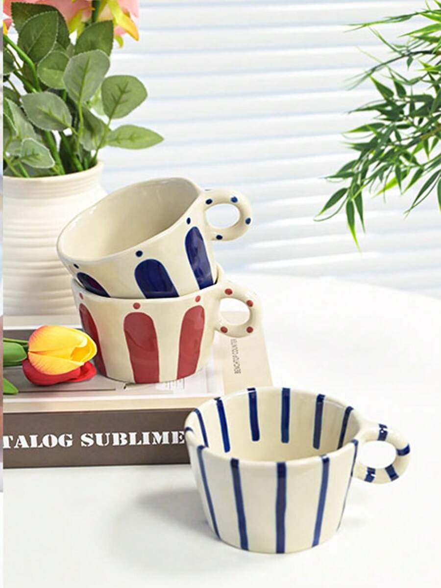 1pc Vintage Handpainted Striped Coffee Mug, Minimalist Aesthetic High-Quality Latte Mug, Office Tea Cup, Breakfast Milk Mug, Daily Water/Juice Cup, Microwave & Oven Friendly, Gift Idea