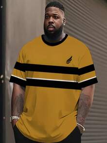 大码男士短袖翅膀印花 T 恤，黄色条纹夏季户外运动透气 T 恤