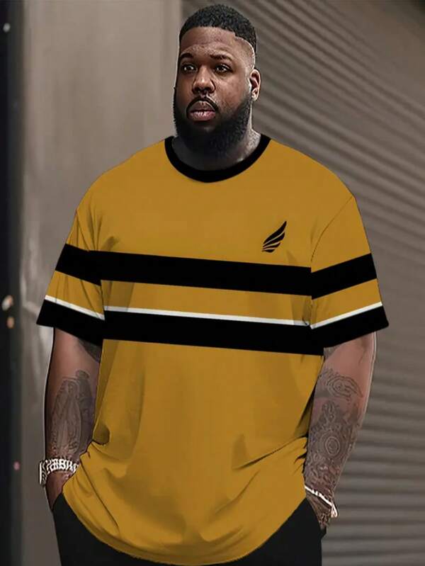 Plus Size Men's Short Sleeve T-Shirt With Wing Print, Yellow Striped Summer Outdoor Sport Breathable Tee