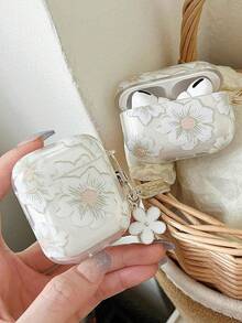 Transparent Bluetooth Earphone Cover With Chrysanthemum Flower Print - Green - View 5