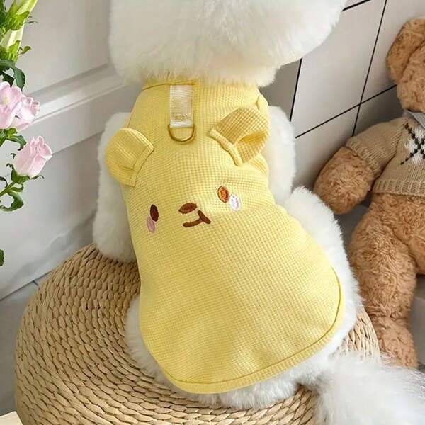 1pc Cute Korean Style Pet Clothes, Breathable Waffle Knit Tank Top Suitable For Dogs & Cats, With Leash Hole, Adorable Animal Face Design, Fits Teddy, Poodle, Bichon Frise, Spring/Summer