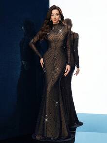 QOQ Elegant Women's Rhinestone Embellished Luxury Evening Gown, Suitable For High Society Galas, Formal Events, Charity Balls, Red Carpet, Awards Ceremonies, Black Long Sleeve Fitted Dress - Black - View 4