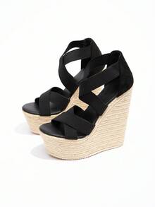 女士复古坡跟防水台编织一脚蹬凉鞋，厚底，交叉绑带，松紧带，踝带，厚底高跟凉鞋，适合春夏季度假，波西米亚风格，性感俱乐部