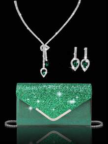 Women's Rhinestone Evening Clutch, Set Of 4 Rhinestone Ear Clips Bridal Wedding Choker Bracelet Pendant, Sparkling Purse, Perfect For Party, Wedding, Prom, Dinner/Banquet, Wedding Dress, Formal Wear, Prom Dress, Birthday Dress - Dark Green - View 2