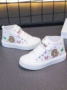 新款女童卡通图案低帮滑板鞋，时尚儿童校园运动鞋，大童魔术贴舒适跑步鞋，春夏款，蝴蝶图案，情人节款 - 白色 - 查看 3