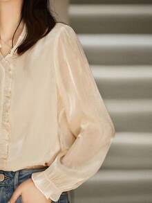 Casual Ruffled Trim Blouse, Korean Fashion, Versatile - Beige - View 4
