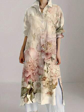 大码女式复古花卉印花长袖衬衫裙