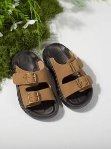 A Pair Of Fashionable New Baby Slippers, Unisex, Imitation Suede Upper With Metal Buckle Accessories, Comfortable Foot Feel, Non-Slip Rubber Sole, Suitable For Babies To Play On The Beach Outdoors And Take Daily Leisure Walks