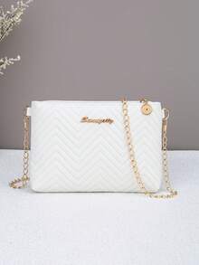 女士新款时尚波浪纹压花链条斜挎包，S 标志金属配件单肩包、手拿包、信封包，配有安全拉链和可拆卸肩带 - 白色 - 查看 9