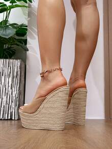 Giày sandal đế xuồng chống thấm nước kiểu retro dành cho nữ, hở mũi, thiết kế quai sau xỏ chân, chi tiết dây thừng, gót cao chunky, thích hợp cho mùa xuân và kỳ nghỉ, phong cách bohemian gợi cảm, trang phục mùa hè, phụ kiện du lịch thiết yếu. - Màu be - Xem 4