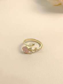 1pc Adjustable Rhinestone Camellia Flower Open Ring, Delicate Luxury Fashion - Pink - View 4
