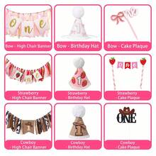 粉色蝴蝶结/草莓/牛仔 1 岁生日装饰 1 岁生日派对帽 1 岁生日高脚椅横幅 1 岁生日蛋糕装饰 1 岁生日装饰 用于照片道具的派对装饰