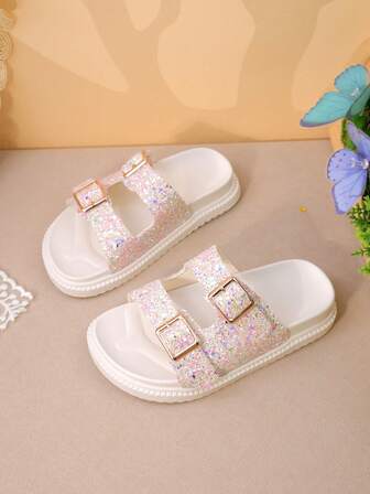 1 par de sandalias de niños con estampado elemental, con hebilla de metal doble, cómodas sandalias de punta abierta con doble correa plana, calzado casual y de moda para niños para uso diario, actividades al aire libre y vacaciones