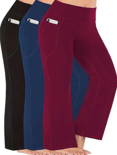 3pcs Women Plus Size High Waist Wide Leg Pants With Pockets, Bootcut Yoga Pants