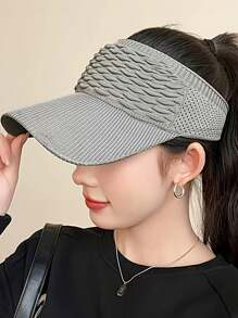 Women's Lightweight Gray Sun Visor Cap - Breathable & Stretchy Polyester, UV Protection, Textured Knit Design With Curved Brim For Running & Outdoor Activities, Hand-Washable, Sun Protection Cap|Textured Knit Cap|Breathable Mesh Visor
