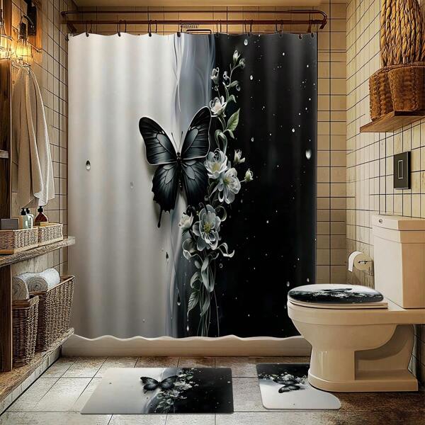 1/4pcs Butterfly Design Bathroom Set, Including Shower Curtain, Bath Mat, U-Shape Toilet Cover, Toilet Lid Cover, Waterproof Shower Curtain Decoration, Fashionable Room Divider Curtain, Modern Bathroom Window Curtain, Hooks Without Drilling, Made Of Polyester, Machine Washable Back To School