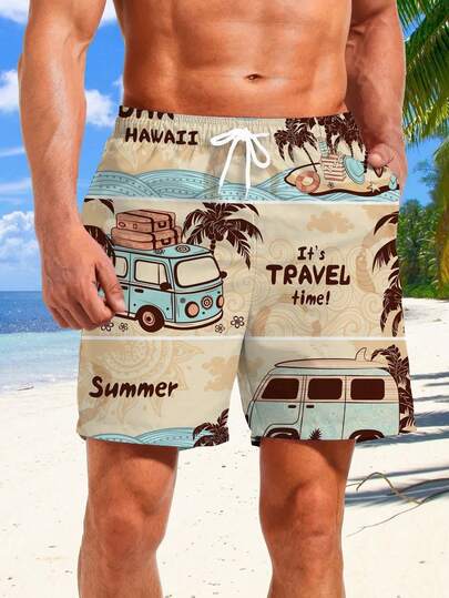 3D汽车印花运动短裤 - 可调节抽绳腰带，活动自如，色彩鲜艳 - 夏季度假、海滩度假村和夏威夷主题旅行的理想之选