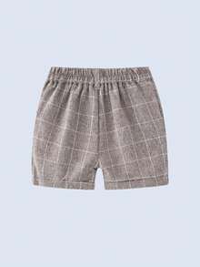 BOARNSEORL 2 piezas Conjunto de traje de caballero para niños pequeños: Blazer de manga corta a cuadros con pajarita y pantalones cortos, de moda y elegante para fiestas, eventos y salidas - Caqui - Ver 6