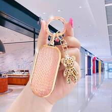 Porte-clés de voiture Fiat 500, pendentif charmant en forme d'ours rose dégradé pailleté pour femme/homme, porte-clés cristal perlé exquis, pendentif pour sac à dos, accessoires mignons, étui de protection en TPU. Convient aux véhicules Fiat 500/Panda/Stilo/Brava/Bravo/Doblo/Iveco. Cadeau idéal pour les amoureux