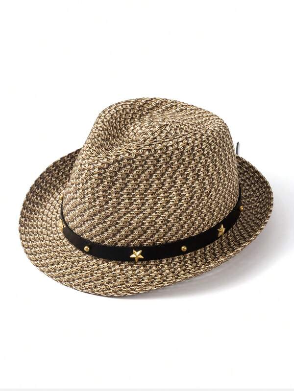 1 pieza Sombrero de paja bohemio casual con estrella, sombrero de sol con adorno de remaches, versátil y de moda para trabajo/vacaciones, unisex