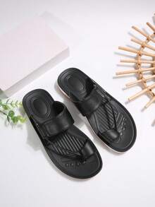1 Pair Solid Color Geometric Pattern Comfortable Soft Slip-On Open Toe Beach/Party Shoes, Suitable For Spring/Summer - Black - View 4