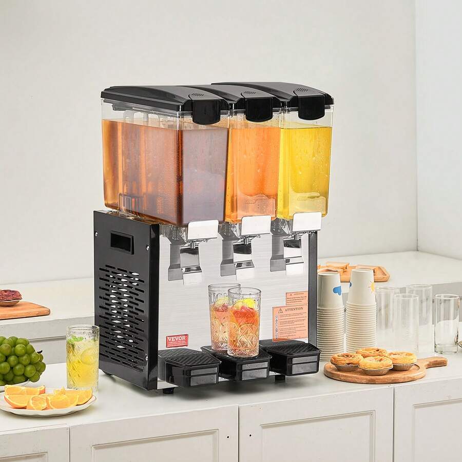 Commercial Beverage Dispenser, 3 Tanks 10 L / 10.6 QT Per Tank Juice Dispenser, 440W Stainless Steel Ice Tea Drink Machine With 45°F-54°F Cooling Temperature, For Cold Drink Restaurant Bar Party - 3 Tanks, 10 L / 10.6 QT Per Tank - View 1