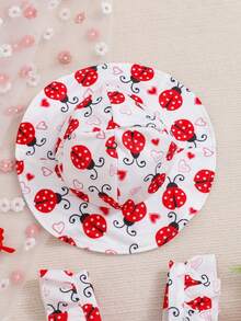 Baby Girl Outfit Set: Cute Strawberry Pattern Bodysuit, Blouse With Flutter Sleeves, Sun Hat - Red - View 3
