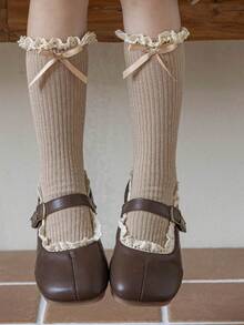 1/2 双女孩卡其色蕾丝边、荷叶边、蝴蝶结丝带、柔软针织面料、Ins 风格、公主、直筒长袜，适合派对、度假、休闲、学校、春夏、儿童礼物 - 卡其色 - 查看 9