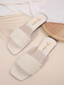 缀饰珍珠和水钻法式露趾平底凉鞋，加大码 42-43，夏季度假沙滩凉鞋，春夏秋季