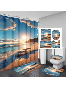 1pc/4pcs Ocean & Beach Floral Print Bathroom Curtain Set 12 Hooks, Anti-Slip Bath Mat, U-Shaped Toilet Mat & Round Toilet Cover, Multifunctional Bathroom Set For All Occasions Back To School