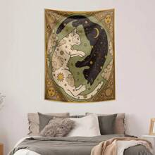 1 Pc Vintage Sun, Moon, Lucky Cat, Constellation, Letter, Boho Style Printed Tapestry Wall Hanging Decor, Living Room, Bedroom, Office, Dorm, Home Party, Rectangular Kitchen Wall Decor Fabric With Drape, Includes 3 Pins And 2 Clips