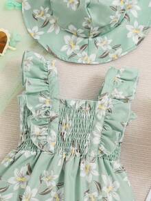 Baby Girl 2pcs Outfit: Strawberry Cute Print Bodysuit With Flutter Sleeves & Sun Hat - Blue - View 4