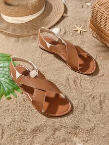 大码女式复古交叉带平底凉鞋，宽带露趾轻便休闲沙滩凉鞋