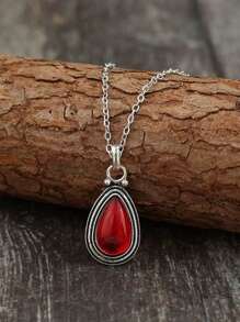 1PC Vintage Bohemian Garnet Pendant Necklace For Women Creative Gorgeous Carved Red Personalized Necklace Jewelry Accessories