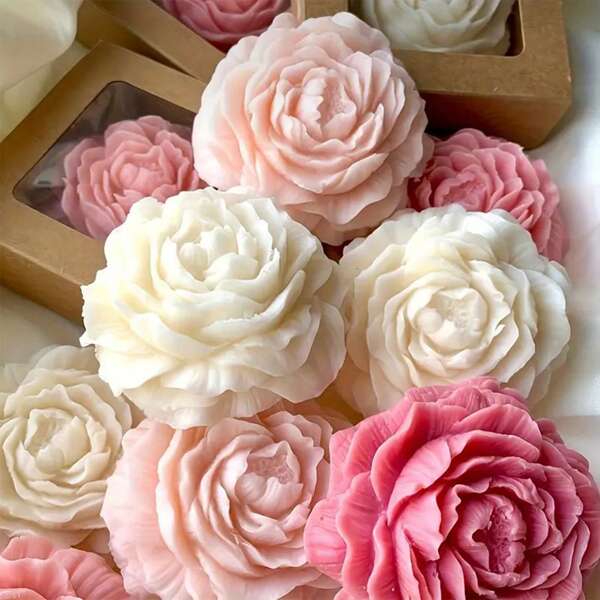 Peony Flower Shaped Scented Candles, Natural Soy Wax, 10-15 Hours Of Clean Burning, Suitable For Home Decoration And Gifts, Gifts For Mothers, Wedding Party Decorations, Wooden Wicks, Hand-Poured Aromatherapy, Vegan, And