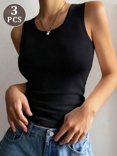 Sleeveless Ice Silk Ribbed Tank Top, Versatile Layering Piece, Four Season Wear, Plain Solid Color