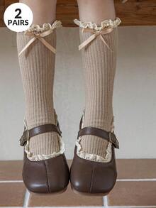 1/2 双女孩卡其色蕾丝边、荷叶边、蝴蝶结丝带、柔软针织面料、Ins 风格、公主、直筒长袜，适合派对、度假、休闲、学校、春夏、儿童礼物 - 卡其色 - 查看 15