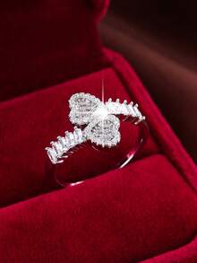 1pc Symmetrical Heart Design Copper Cubic Zirconia Plated Gold Ring - Silver - View 2