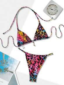 Sexy Backless Lace-Up Leopard Print Bikini Set For Beach & Vacation - Multicolor - View 5