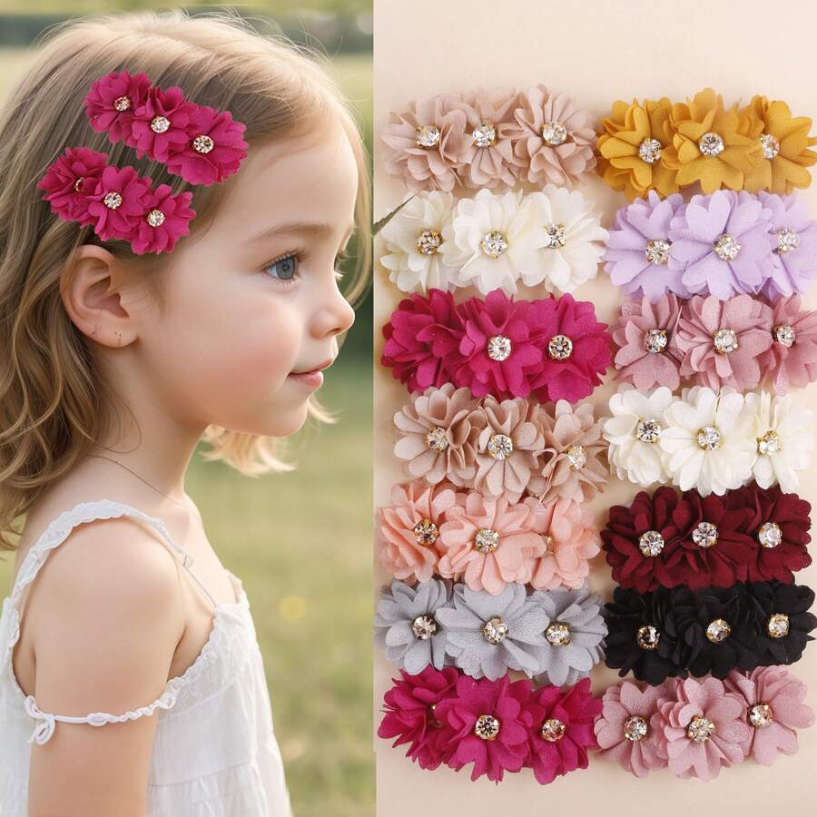 2pcs/Set Crystal Flower Decor Hair Clips For Girls Aged 3-14, Holiday - Hot Pink - View 1