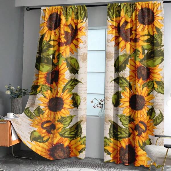 2 peças/conjunto, cortina com estampa de girassol rural, cortinas translúcidas com impressão digital para sala de estar, cortinas com bolso para vara, decoração para sala de estar, escritório e casa