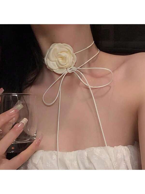 1pc Camelia Flower Necklace Choker Black Rose Flower Neck Decor Chain Necklace For Women