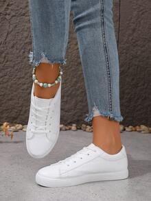 秋冬大码女式运动鞋，白色休闲系带平底运动鞋，适合学校/学生，百搭时尚运动鞋 - 白色 - 查看 6